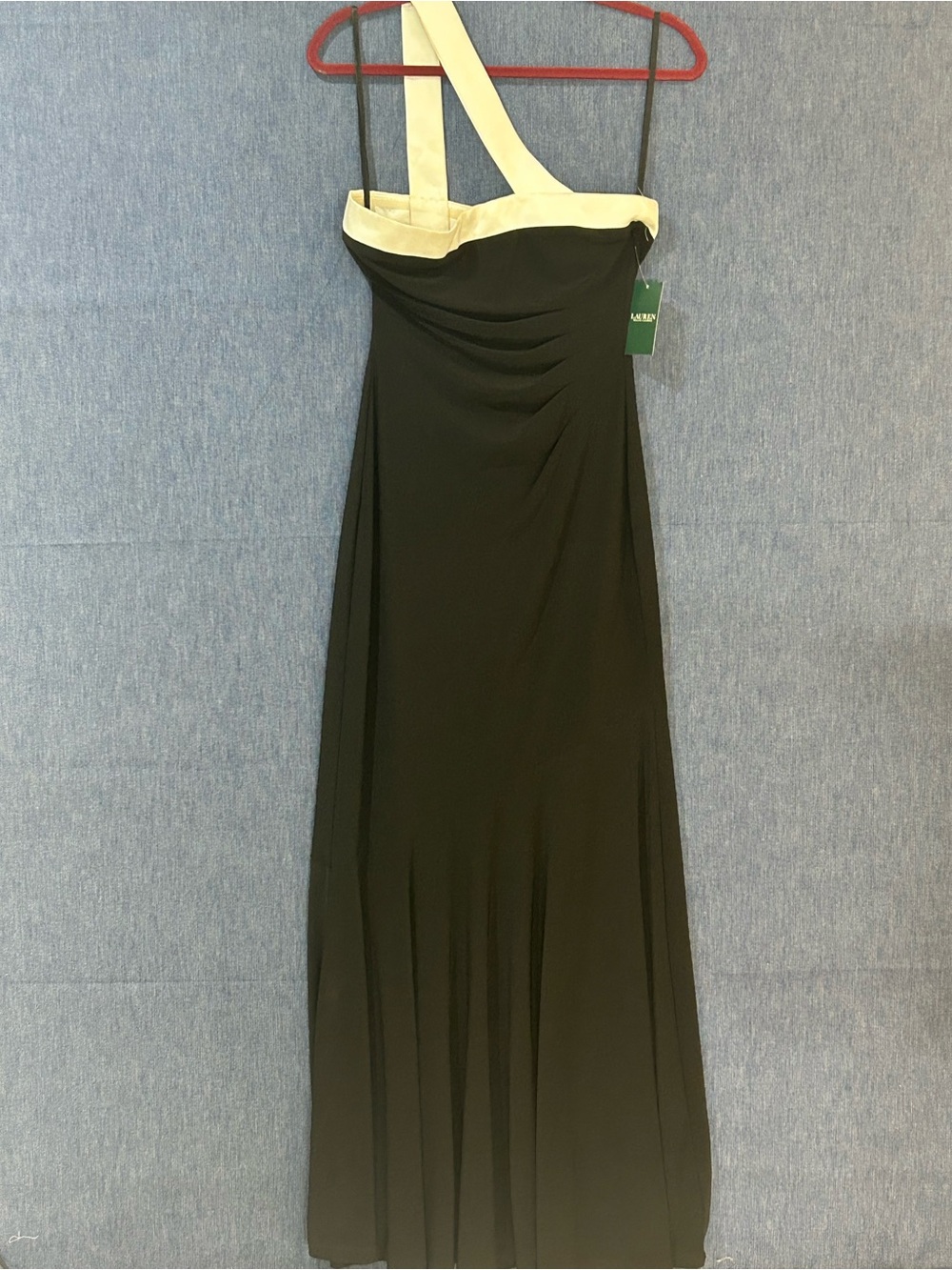 Lauren Ralph Lauren Black Maxi Dress with Cream Asymmetric Strap.